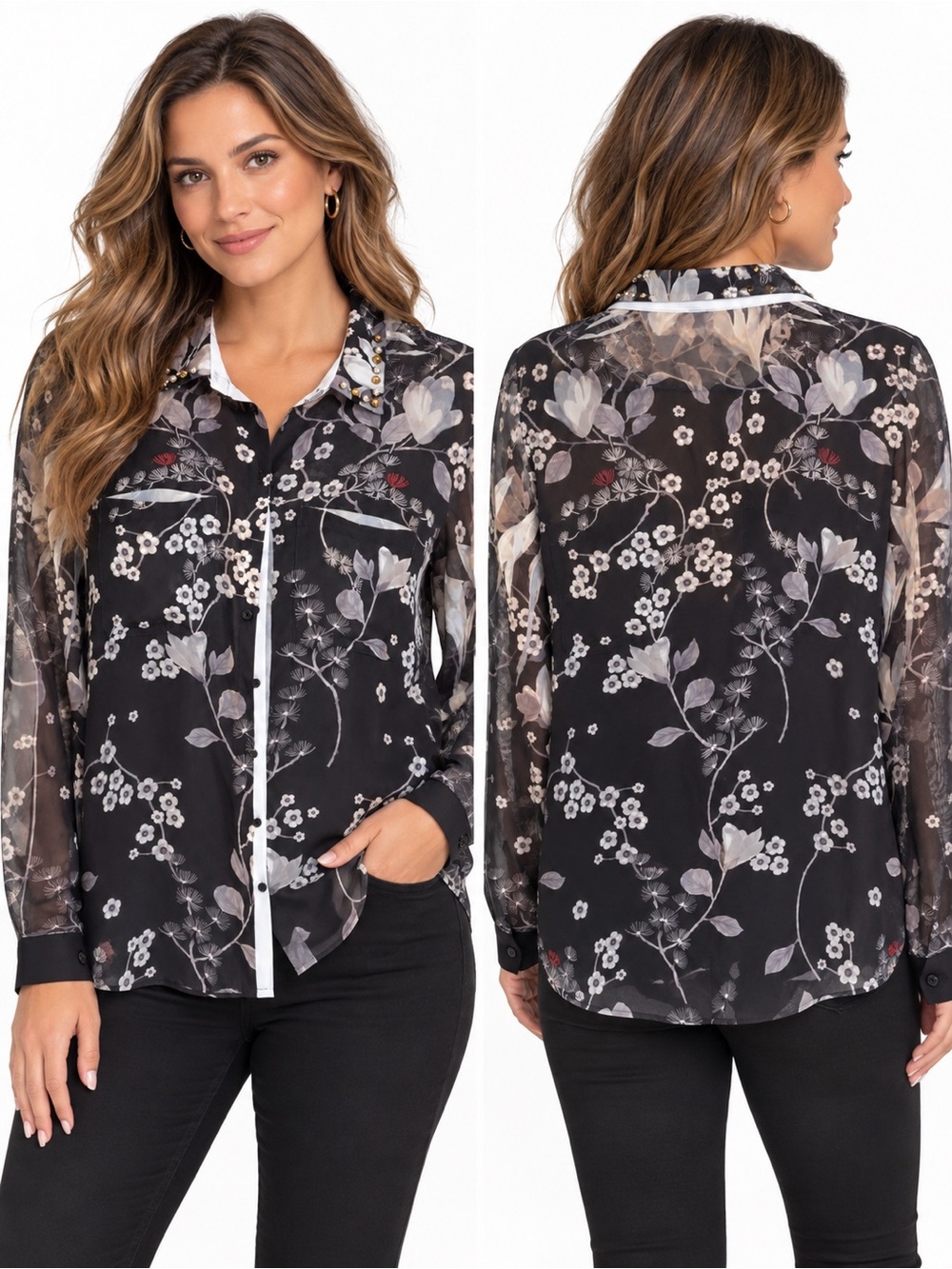 GUESS Los Angeles XS Sheer Floral Chiffon Blouse Studded Collar Black Button Up